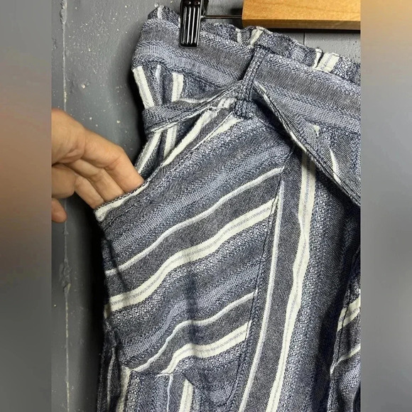 Democracy Navy White Stripe Linen Crop Paper Bag Waist High Rise Pant - Picture 3 of 6